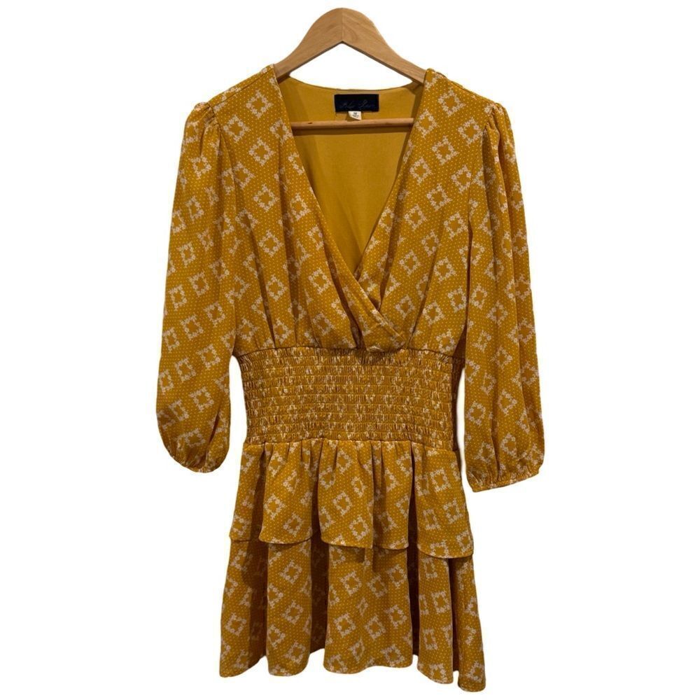 Blue Rain Yellow Tiered Mini Dress Womens M